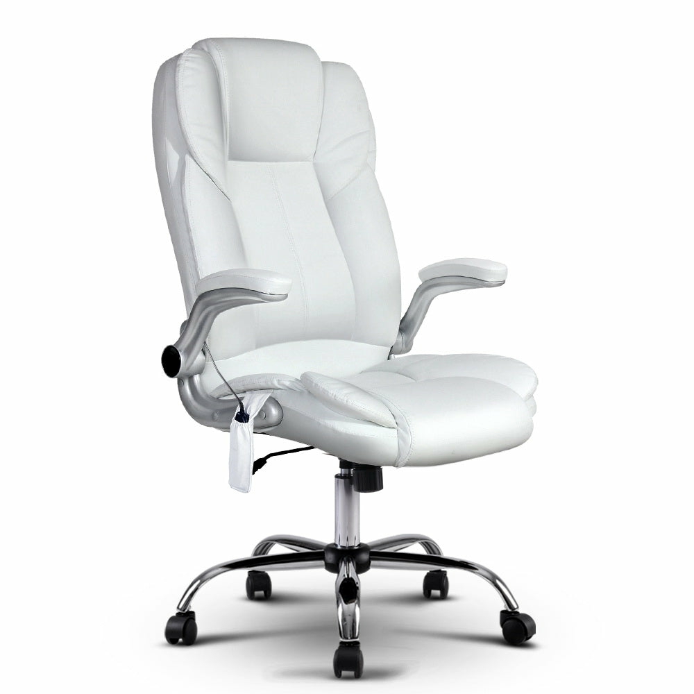 8-Point White Pu Leather Massage Office Chair Furniture