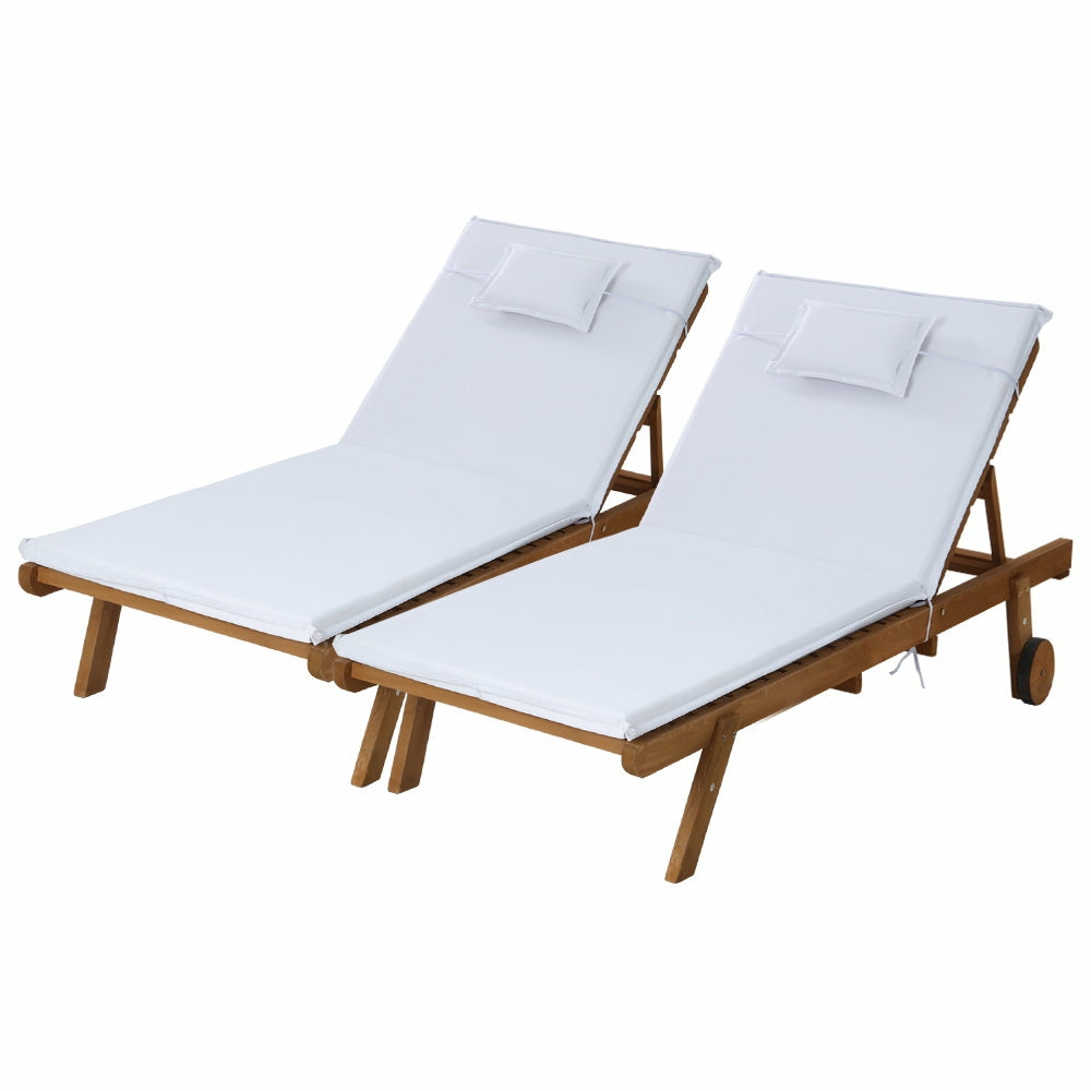 Adjustable Wooden Sun Lounger Set With Wheels Garden Accessories