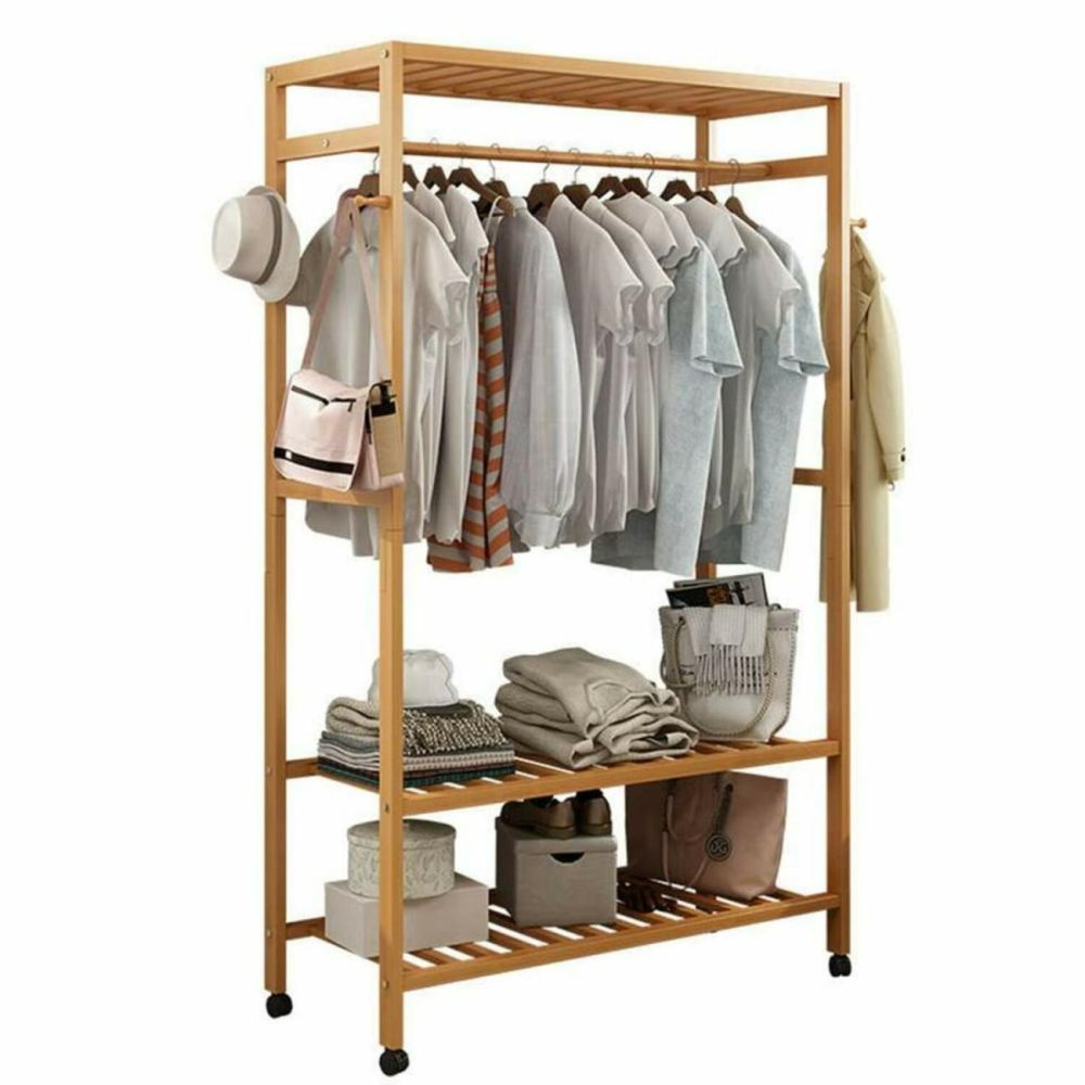 Bamboo Wardrobe On Wheels W/ Side Hook Bedroom