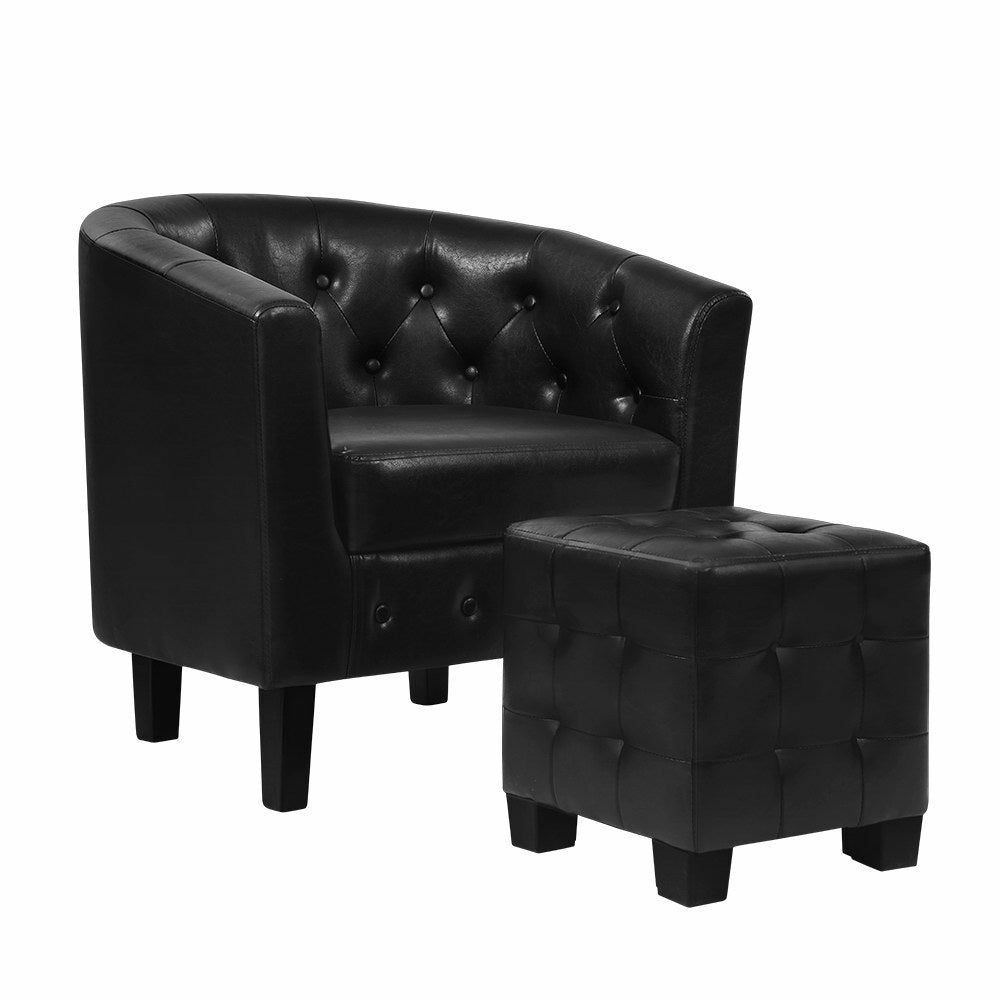 Black Pu Leather Chesterfield Armchair Set With Ottoman Armchairs