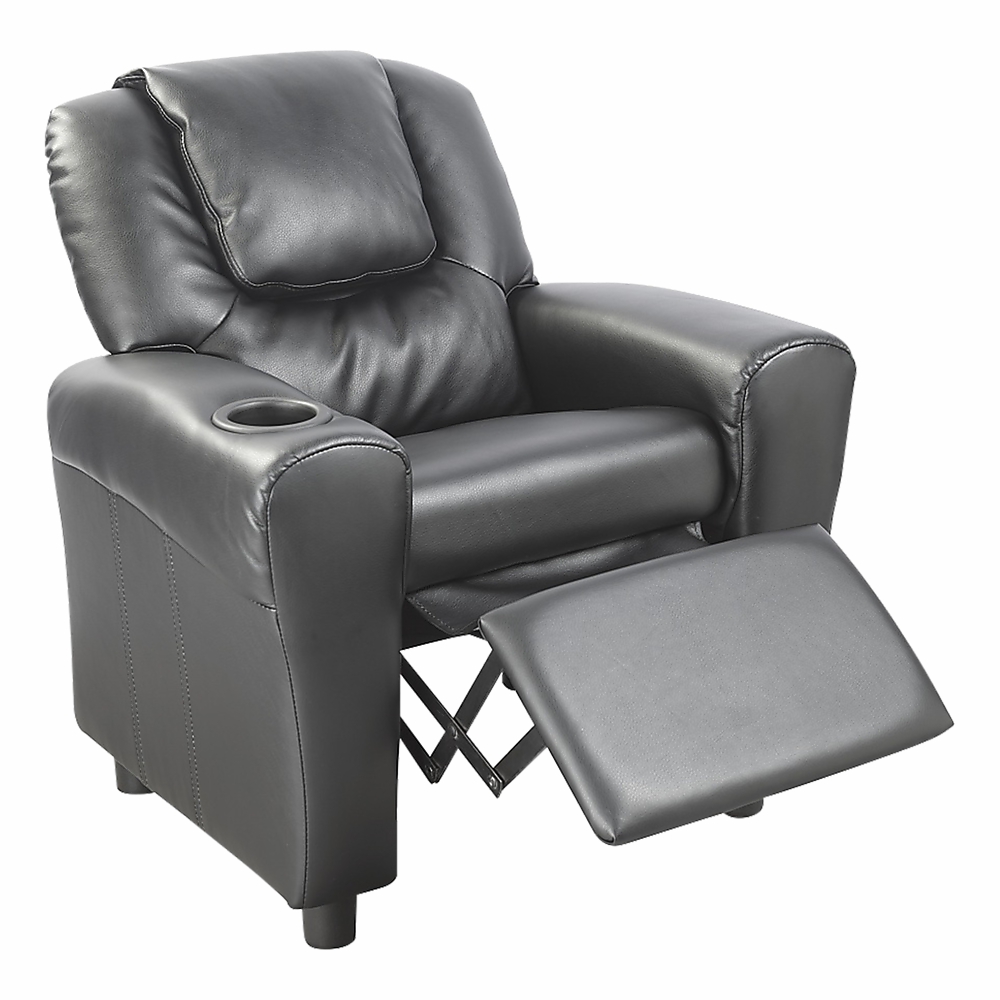 Black Pu Leather Kids Recliner Chair With Drink Holder Furniture