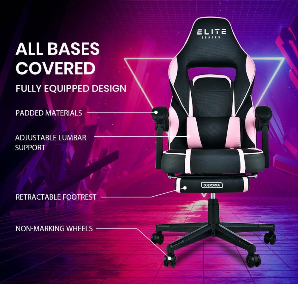 Ergonomic Pink Gaming Chair With Lumbar Support & Footrest Furniture