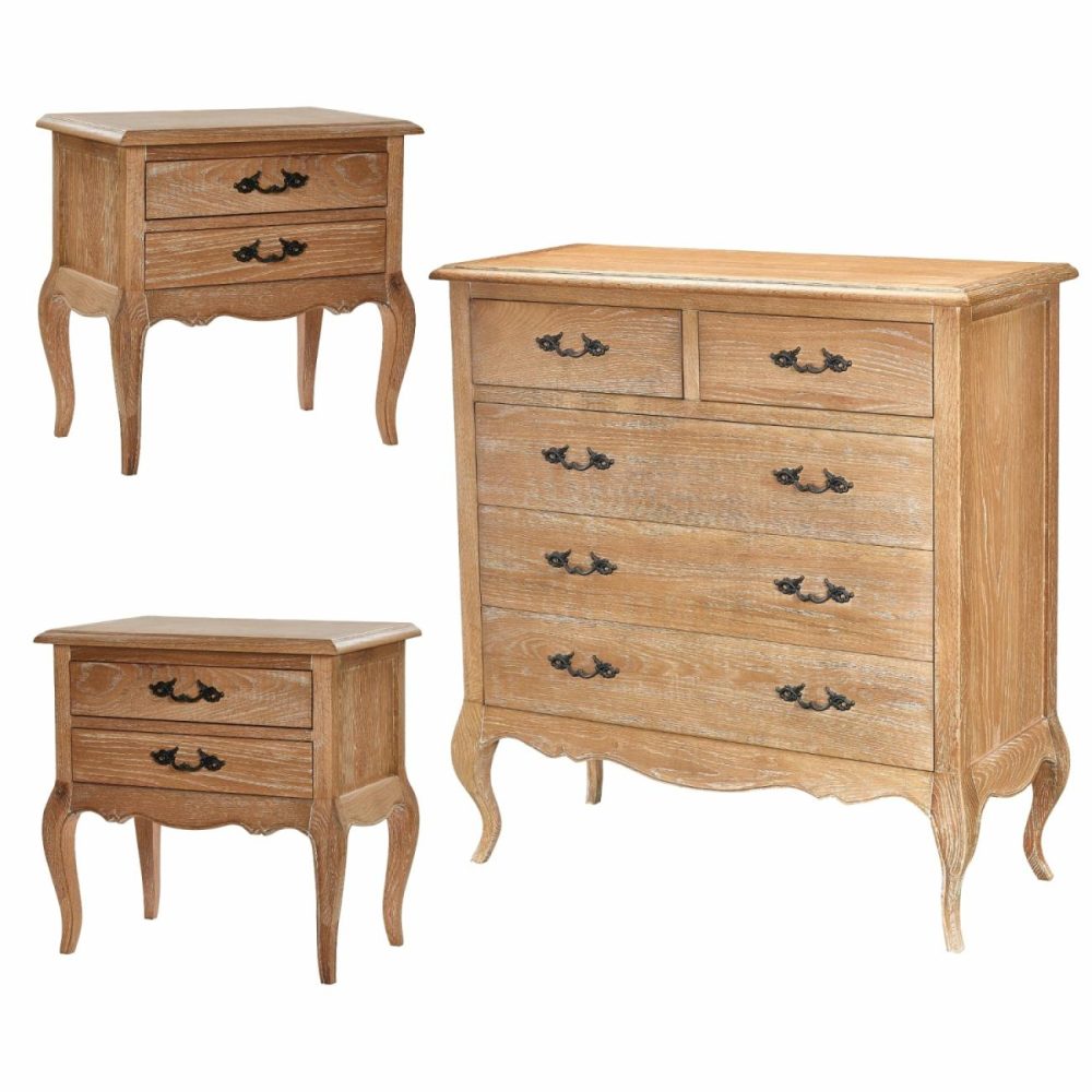 French Provincial Oak Bedside Tables & Tallboy Set Bedroom