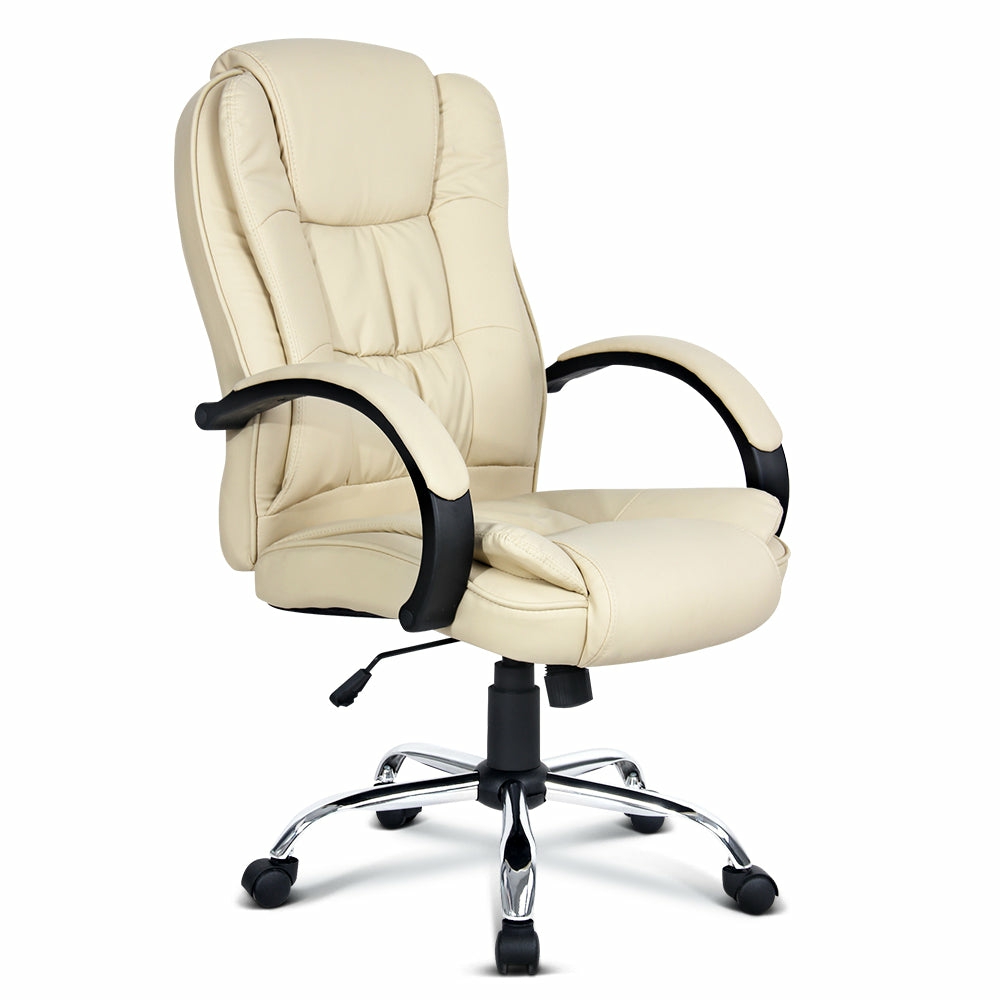 High-Back Leather Office Chair Tilt & Swivel Beige Furniture