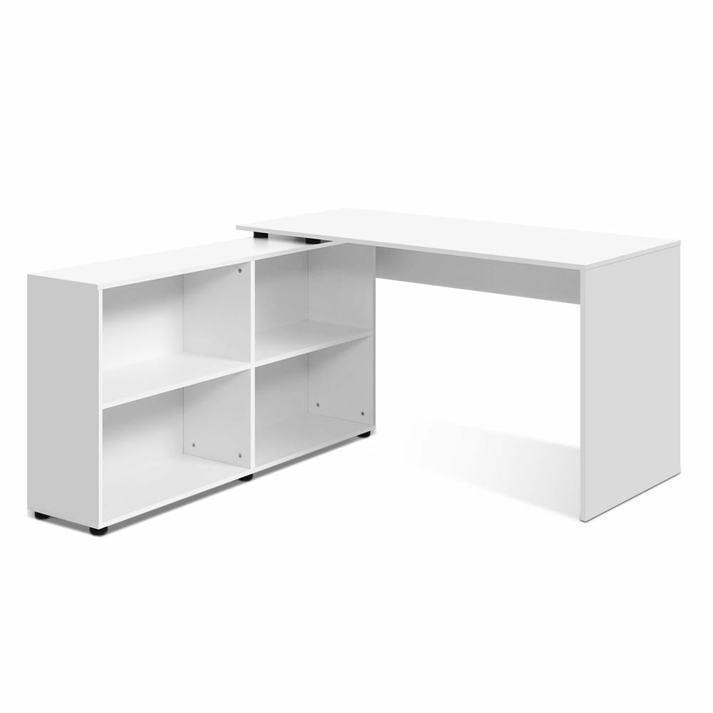 L-Shaped White Desk With 4-Shelf Bookcase Furniture