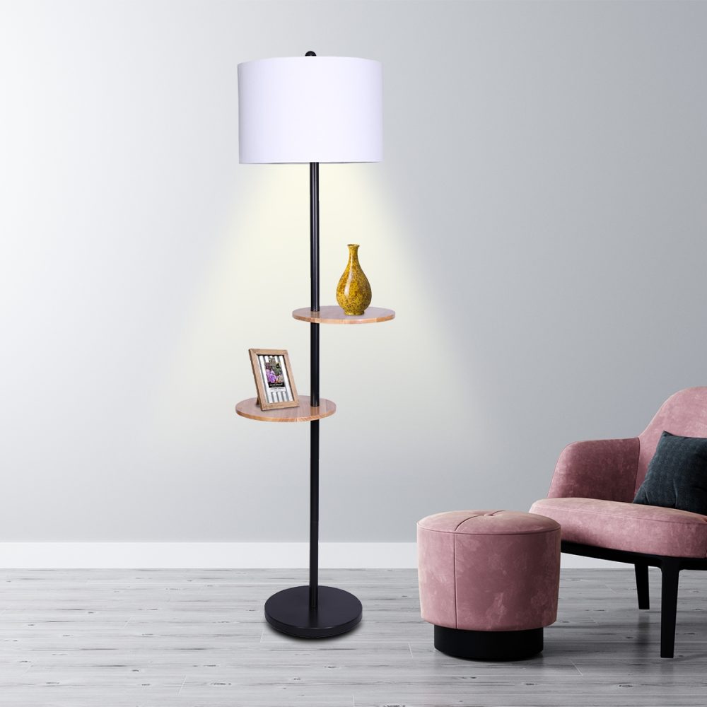 Modern Floor Lamp With Drum Shade & Shelves Floor Lamps