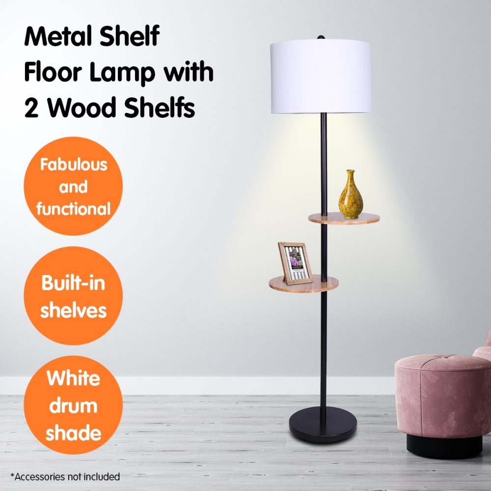 Modern Floor Lamp With Drum Shade & Shelves Floor Lamps