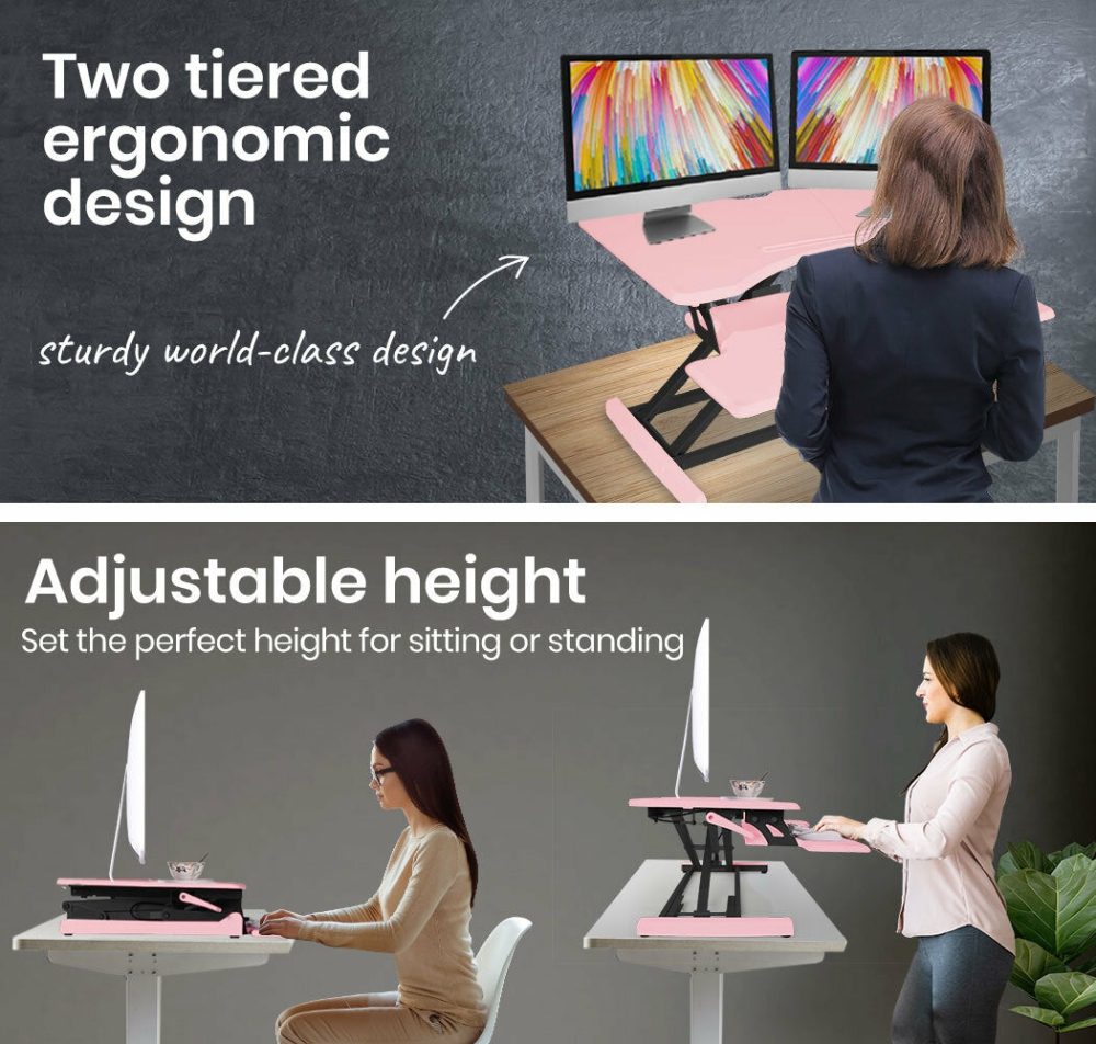 Pink Adjustable Sit Stand Desk Riser For Dual Monitor Furniture