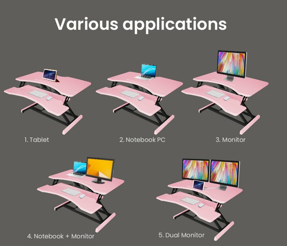 Pink Adjustable Sit Stand Desk Riser For Dual Monitor Furniture