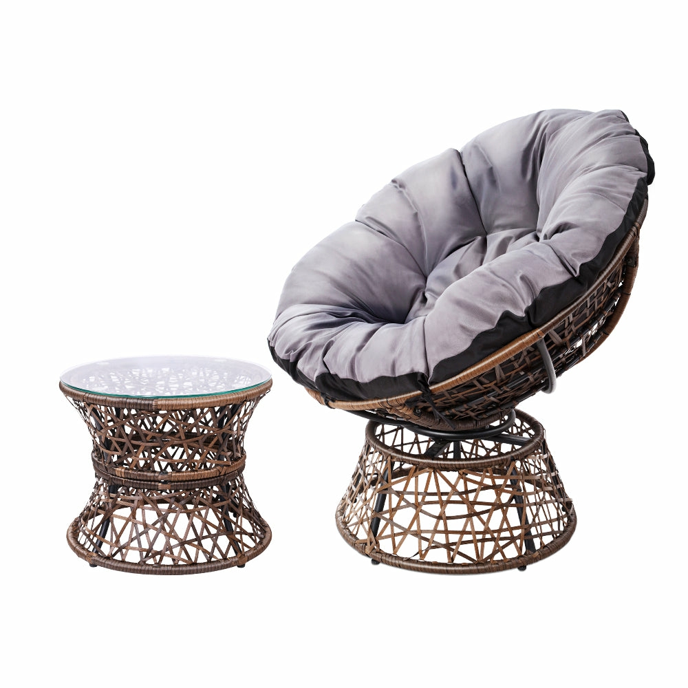 Rotatable Outdoor Papasan Chair & Wicker Table Set Outdoor Furniture