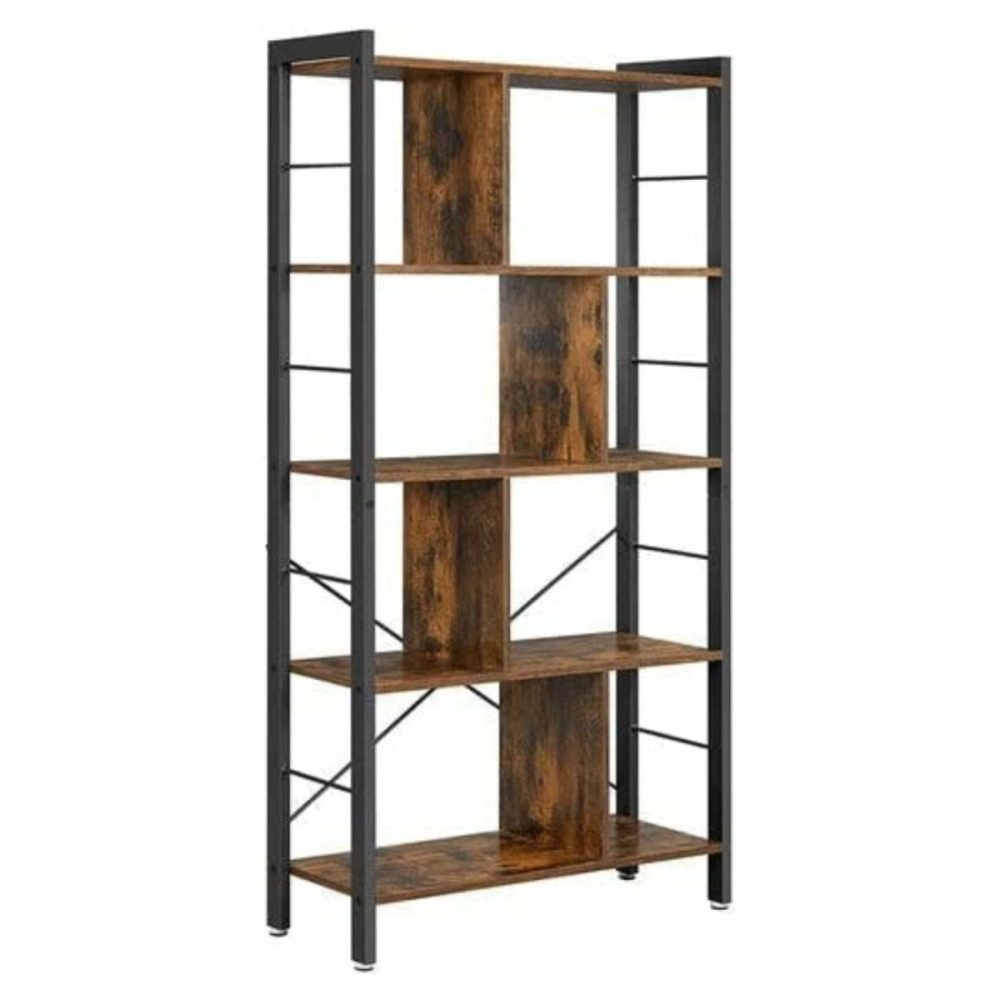 Rustic Brown 4-Tier Bookshelf With Steel Frame Furniture