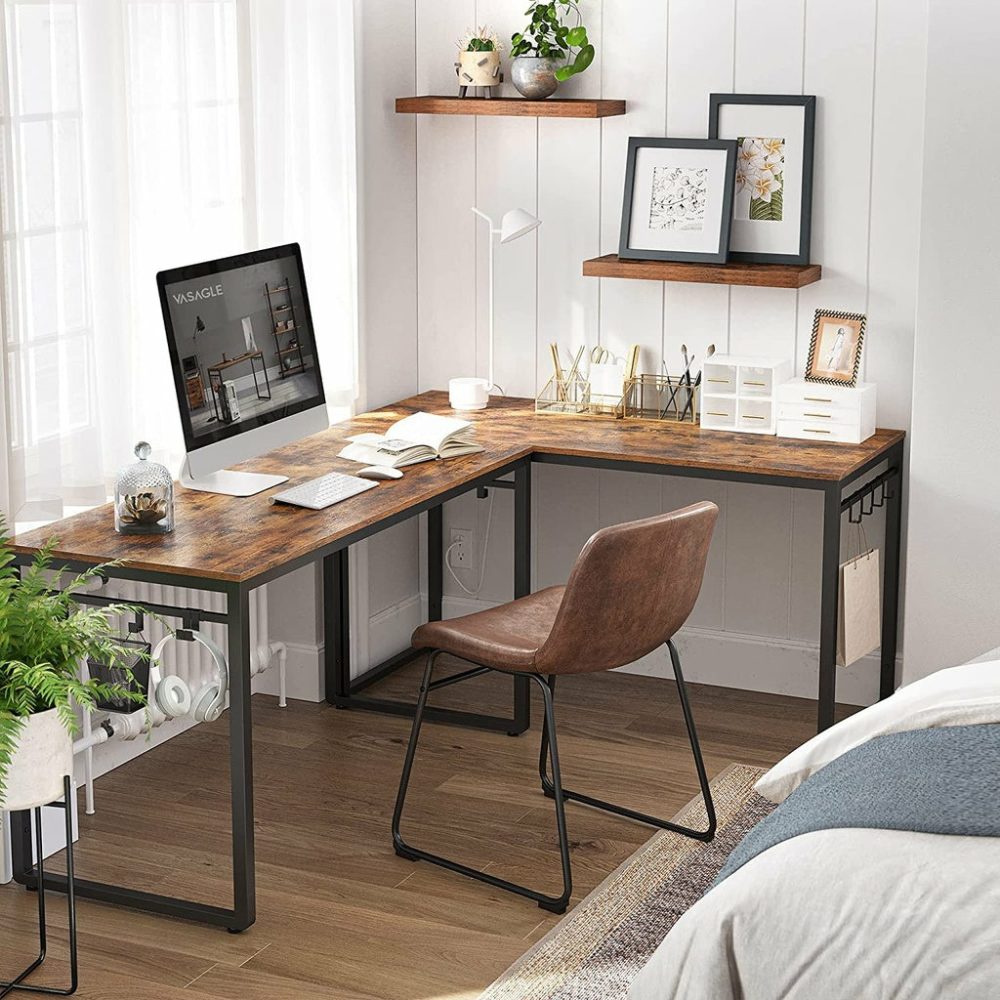 Rustic Brown Industrial Computer Desk With 8 Hooks Computer Desks