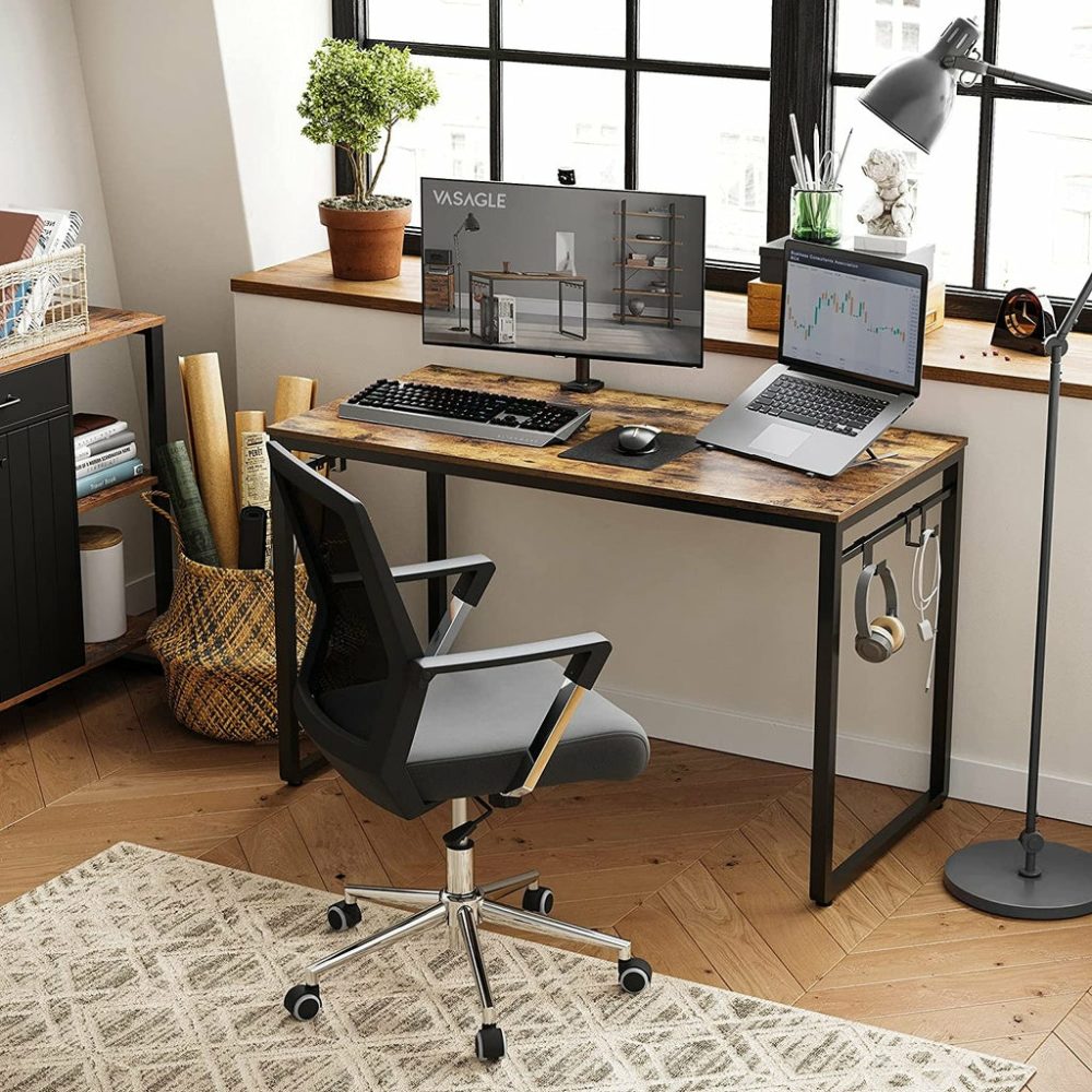 Rustic Brown Industrial Computer Desk With 8 Hooks Computer Desks