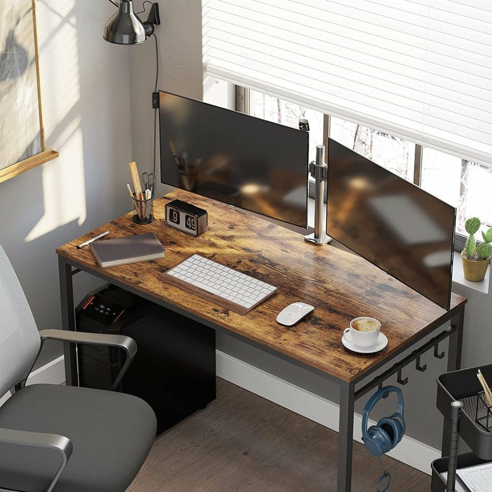 Rustic Brown Industrial Computer Desk With 8 Hooks Computer Desks