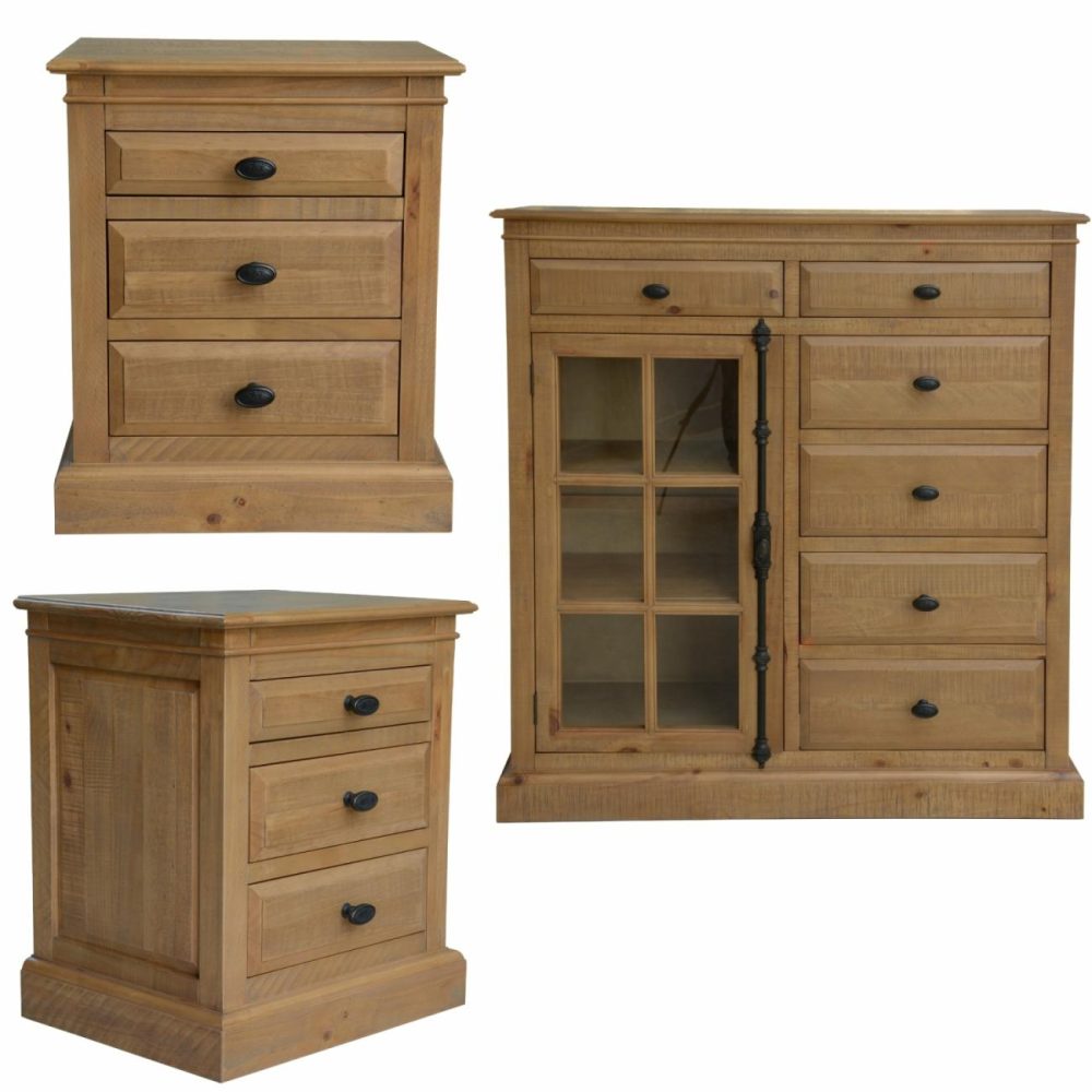 Rustic French Style 3Pc Bedside And Tallboy Set Bedroom