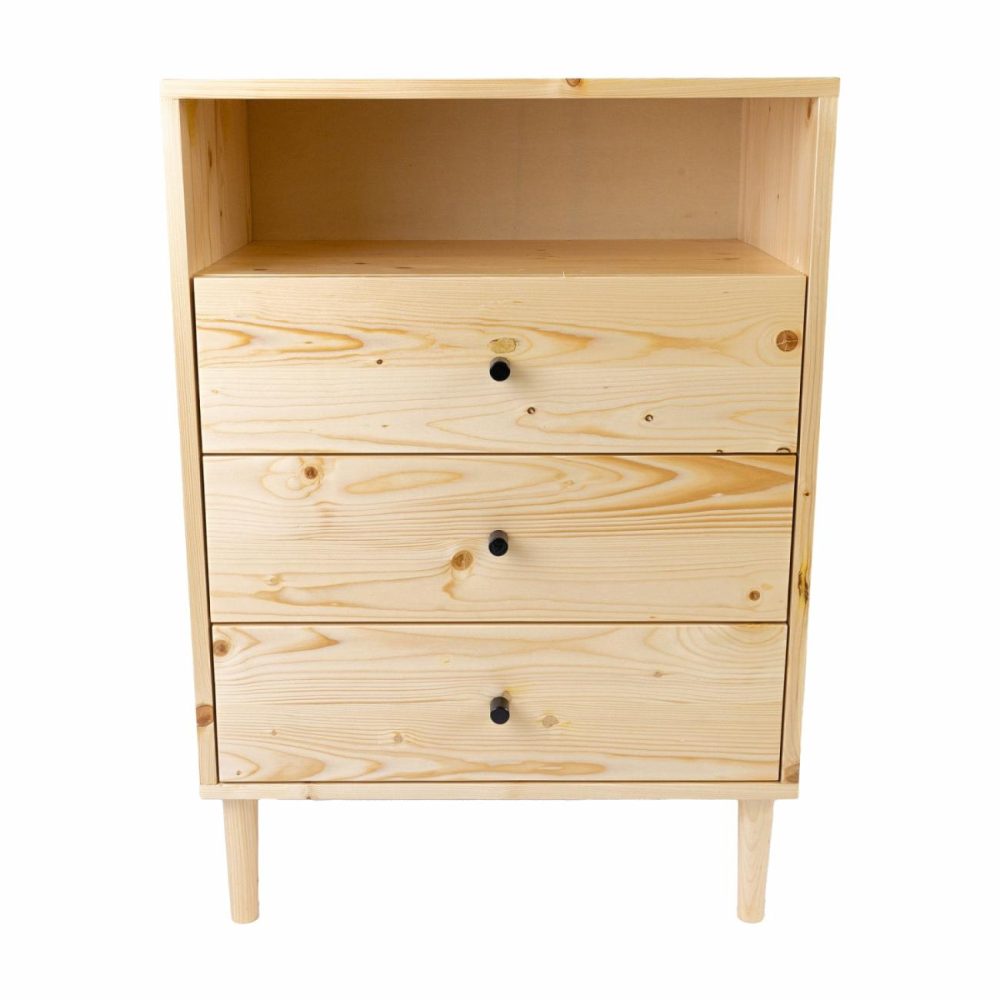 Solid Pine Wood Tallboy 3 Drawers 1 Niche Storage Cabinet Bedroom