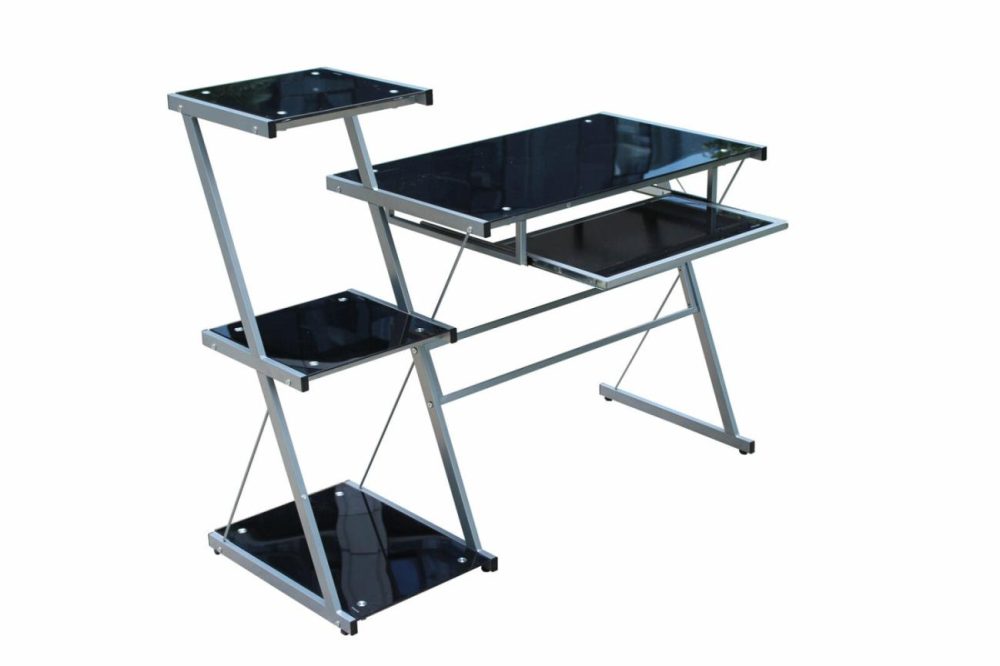 Space-Saving Metal Desk With Tempered Glass & Shelves Furniture