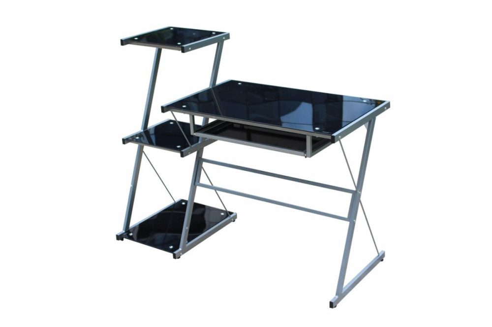 Space-Saving Metal Desk With Tempered Glass & Shelves Furniture