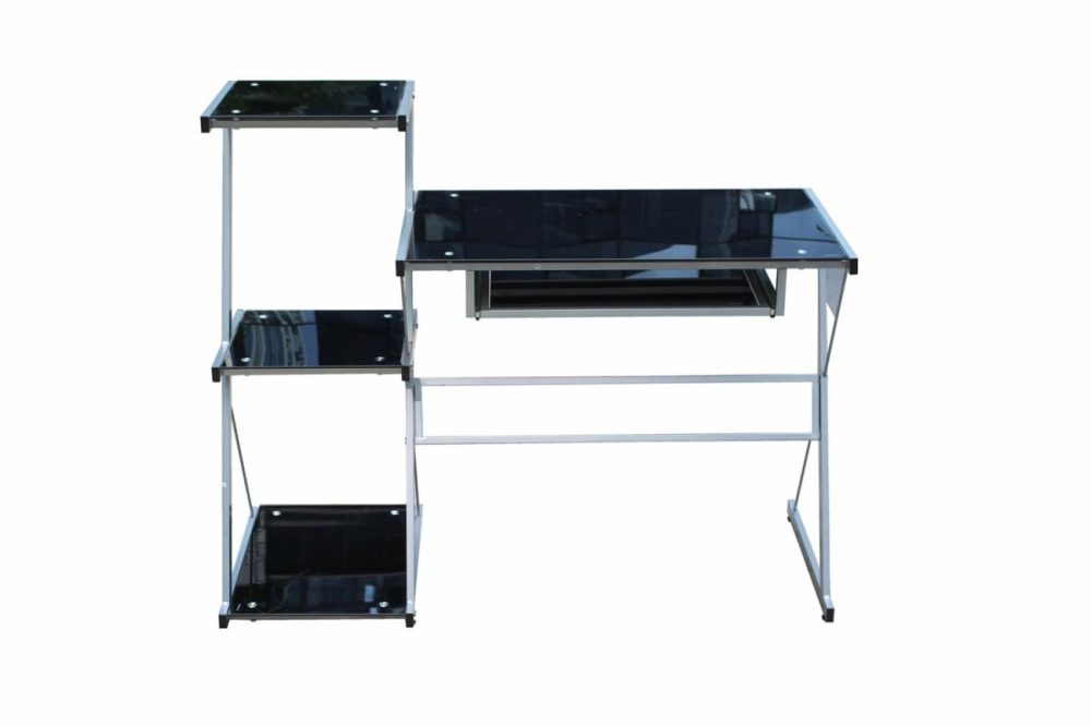 Space-Saving Metal Desk With Tempered Glass & Shelves Furniture