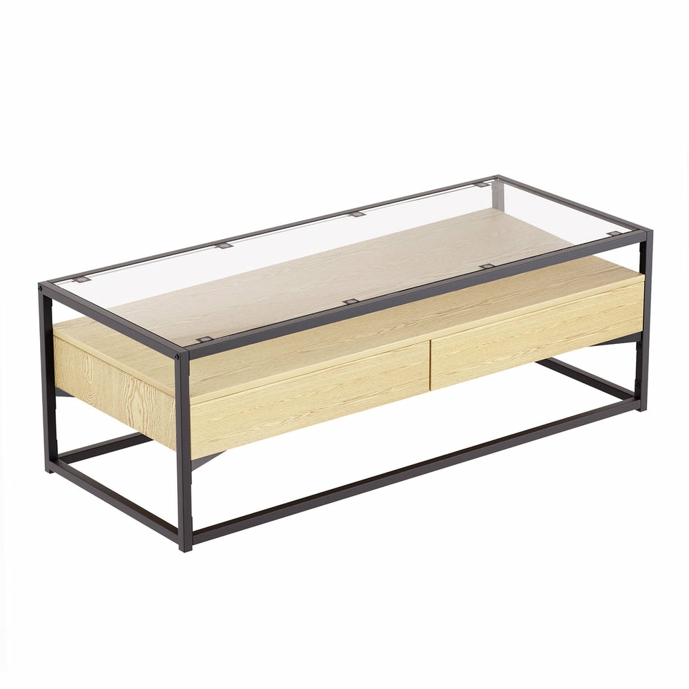 Sturdy Metal Frame Coffee Table 2 Drawers Glass Pine Coffee Tables