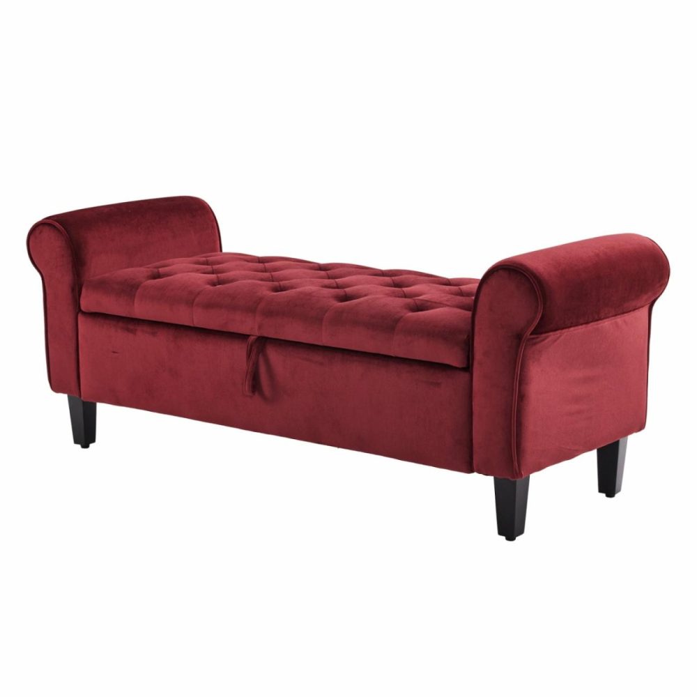 Velvet Storage Ottoman Bench With Rolled Armrest Bedroom