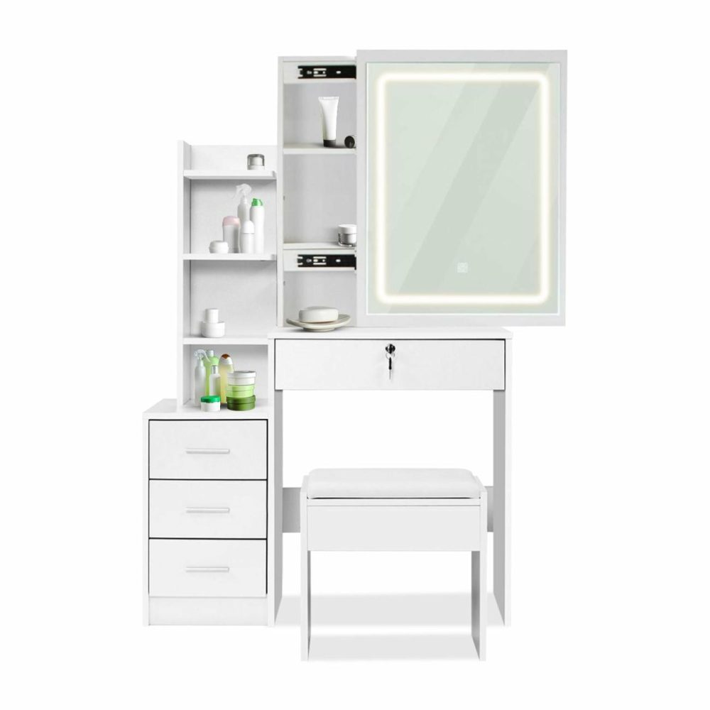 White Led Mirror Dressing Table With 4 Drawers + Stool Bedroom