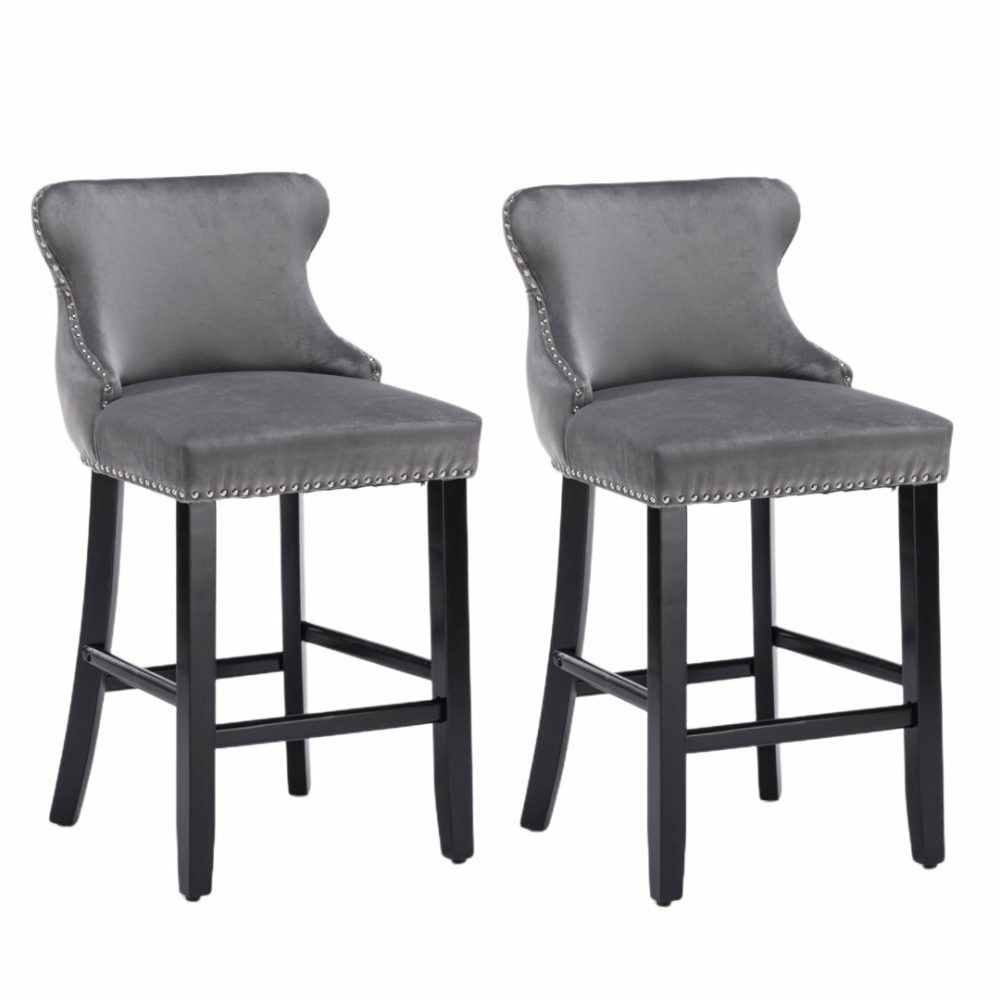 Velvet Gray Button Tufted Bar Stools With Wood Legs Bar Stools & Chairs