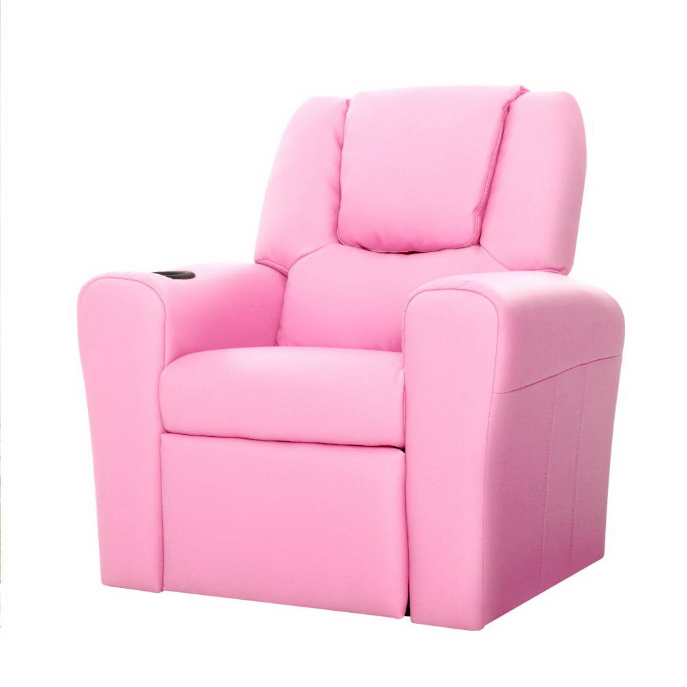 Pink Recliner Chair Pu Leather Kids Sofa Built-In Cup Holder Furniture