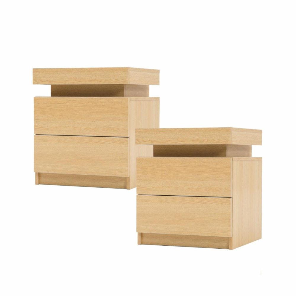 Rgb Led 2X Bedside Tables 2 Drawers High Gloss Oak Bedroom